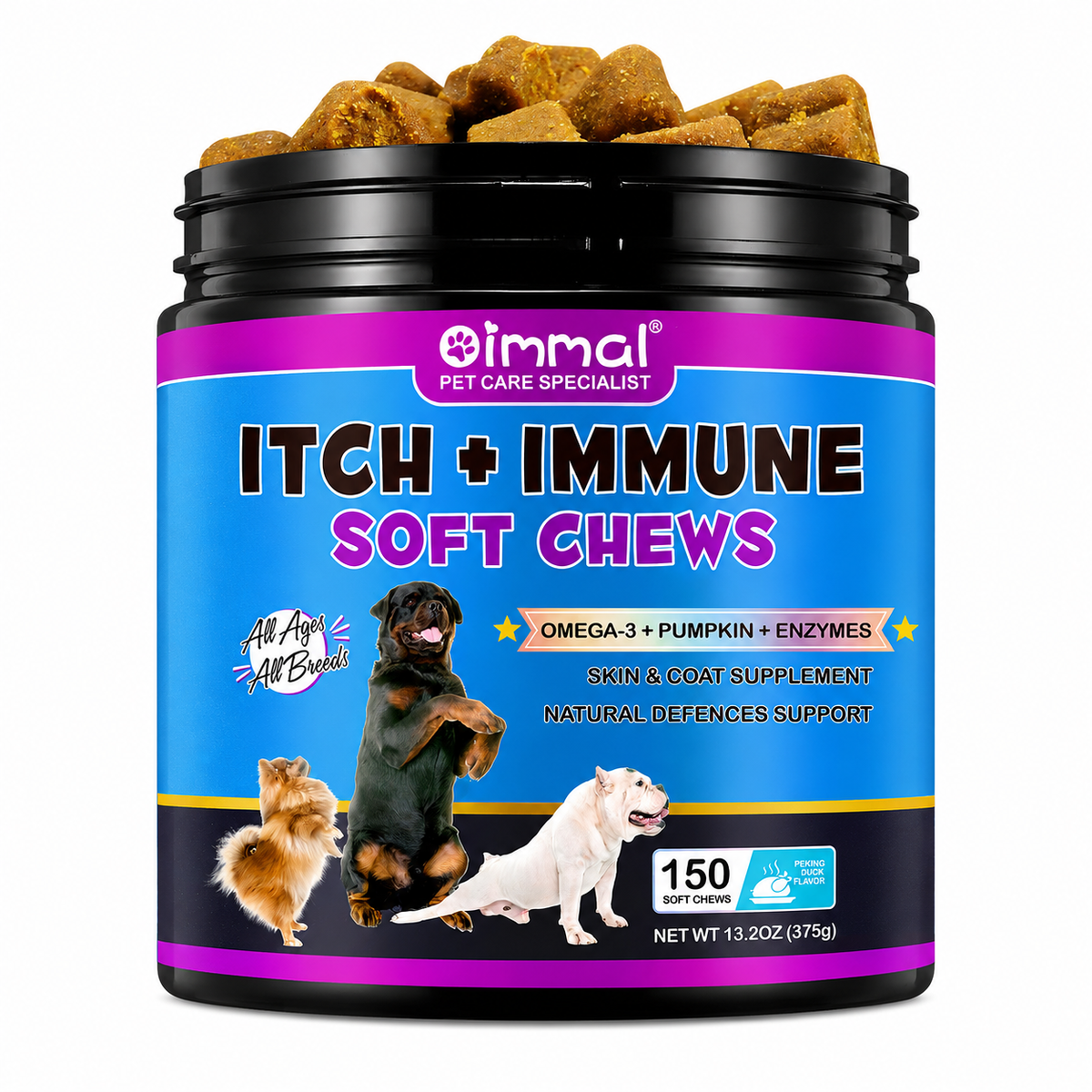 Oimmal Itch & Immune Dog Chews (150) - Pecking Duck Flavour
