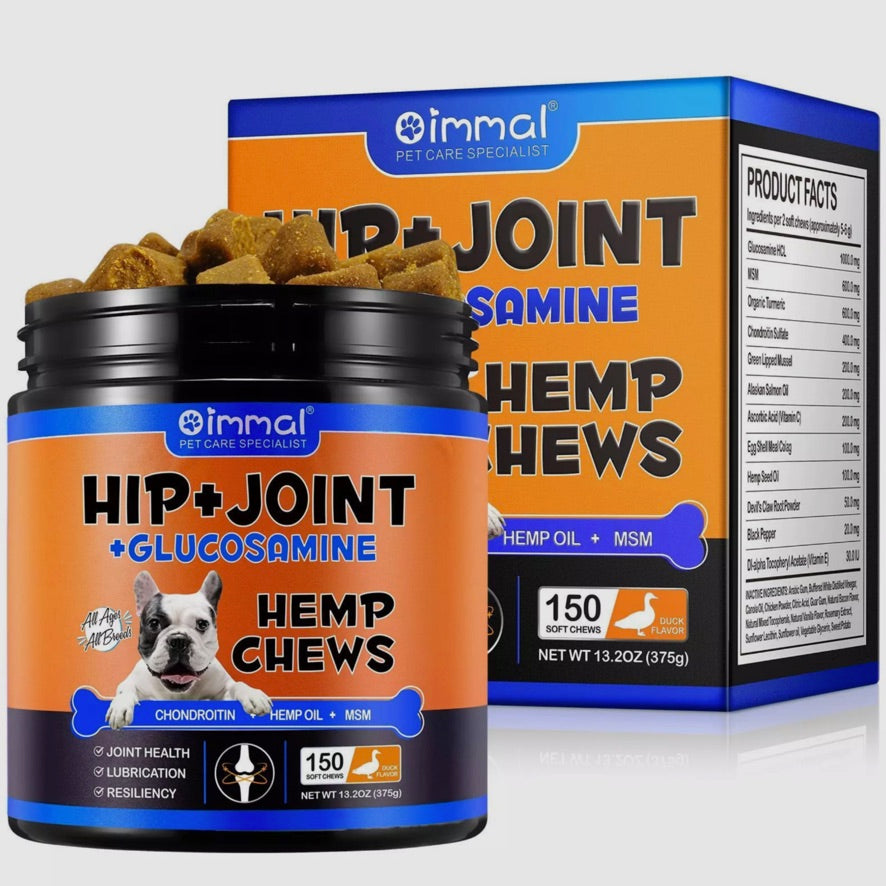 Oimmal Hip and Joint Glucosamine Hemp Dog Chews  (150) - Duck Flavour