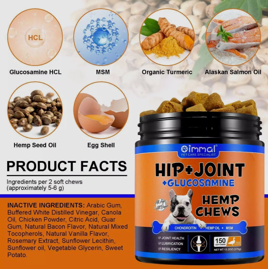 Oimmal Hip and Joint Glucosamine Hemp Dog Chews  (150) - Duck Flavour