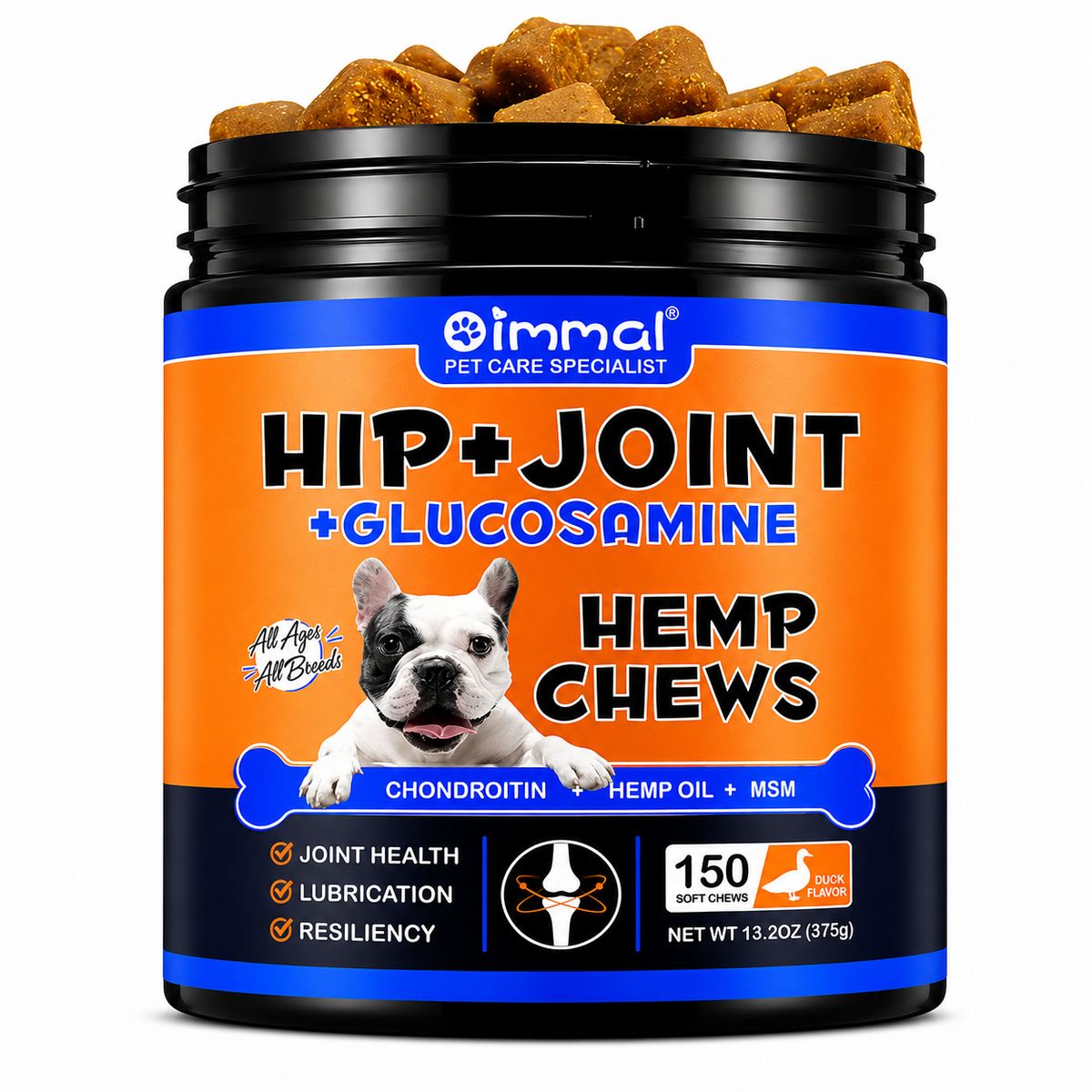 Oimmal Hip and Joint Glucosamine Hemp Dog Chews  (150) - Duck Flavour